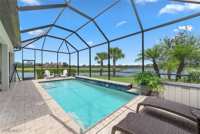 2703 Aviamar Cir, Naples, FL 34114 - swimming pool featuring a water view, a patio area, and glass enclosure
