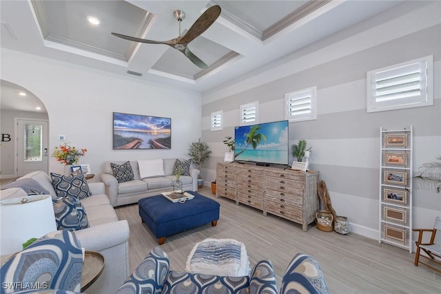 2703 Aviamar Cir, Naples, FL 34114 - living area with coffered ceiling, a ceiling fan, beamed ceiling, light wood-style floors, and crown molding