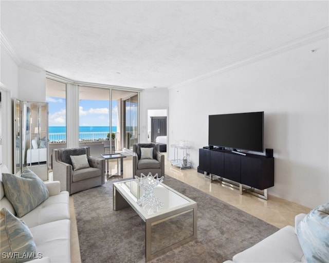 7117 Pelican Bay Blvd Unit 1903, Naples, FL 34108 - living room featuring ornamental molding, tile patterned flooring, and expansive windows