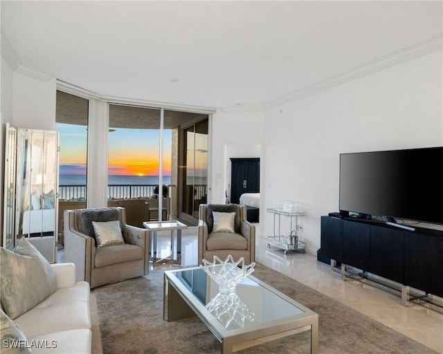 7117 Pelican Bay Blvd Unit 1903, Naples, FL 34108 - living room featuring crown molding and expansive windows