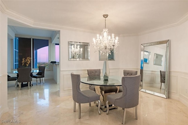 7117 Pelican Bay Blvd Unit 1903, Naples, FL 34108 - dining room featuring a chandelier, a decorative wall, ornamental molding, light marble finish flooring, and wainscoting