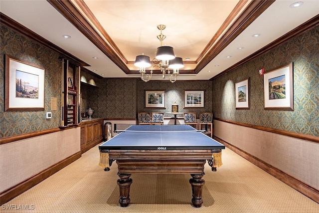 7117 Pelican Bay Blvd Unit 1903, Naples, FL 34108 - game room with crown molding, wainscoting, a chandelier, wallpapered walls, and a tray ceiling