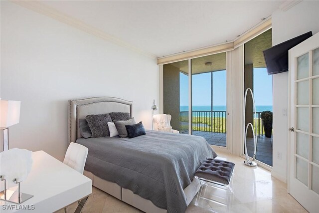 7117 Pelican Bay Blvd Unit 1903, Naples, FL 34108 - bedroom featuring access to outside, ornamental molding, and a wall of windows