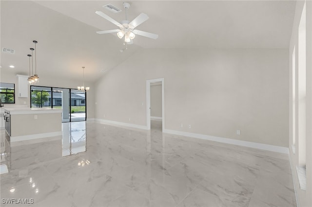 2510 SW 17th Ave, Cape Coral, FL 33914 - unfurnished living room featuring ceiling fan, a chandelier, vaulted ceiling, and light marble finish floors