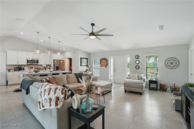1028 NW 33rd Ave, Cape Coral, FL 33993 - living room with vaulted ceiling, light tile patterned floors, ceiling fan, and recessed lighting