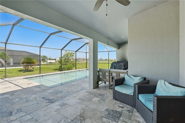 1028 NW 33rd Ave, Cape Coral, FL 33993 - outdoor pool with a patio, ceiling fan, a lanai, a lawn, and an outdoor hangout area
