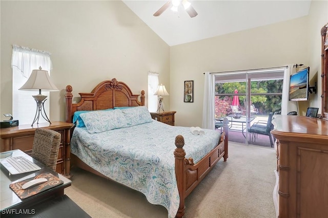 2127 SW 49th Ter, Cape Coral, FL 33914 - bedroom with high vaulted ceiling, light carpet, access to outside, and a ceiling fan