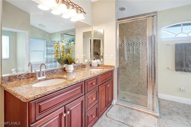 2127 SW 49th Ter, Cape Coral, FL 33914 - bathroom with double vanity, a shower stall, tile patterned flooring, and lofted ceiling