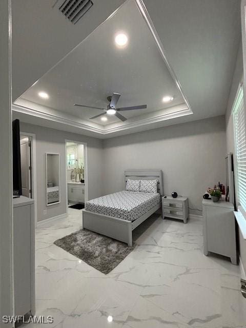 406 W 15th St, Lehigh Acres, FL 33972 - bedroom with a tray ceiling, light marble finish floors, multiple windows, a ceiling fan, and recessed lighting