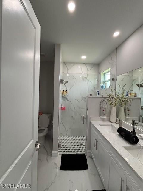406 W 15th St, Lehigh Acres, FL 33972 - full bath with a marble finish shower, double vanity, marble finish floors, and recessed lighting