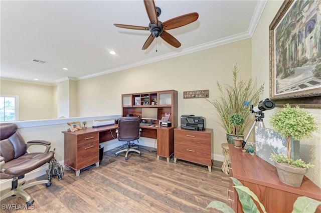 3800 Bal Harbor Blvd Unit 414, Punta Gorda, FL 33950 - office area with wood finished floors, ornamental molding, a ceiling fan, and recessed lighting