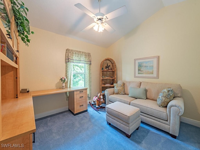 21950 N River Rd, Alva, FL 33920 - office area featuring vaulted ceiling, carpet, a ceiling fan, and built in study area