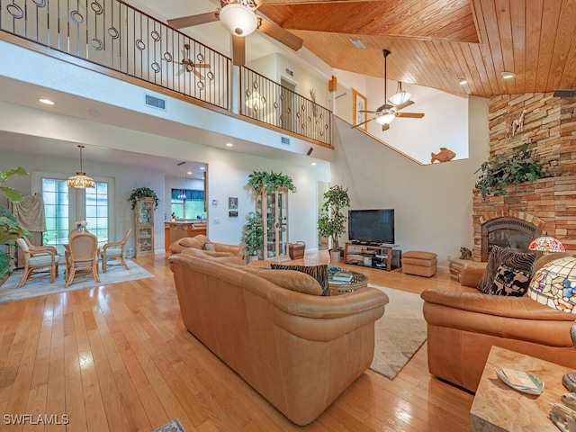 21950 N River Rd, Alva, FL 33920 - living area with a ceiling fan, wood ceiling, a stone fireplace, light wood-style flooring, and high vaulted ceiling