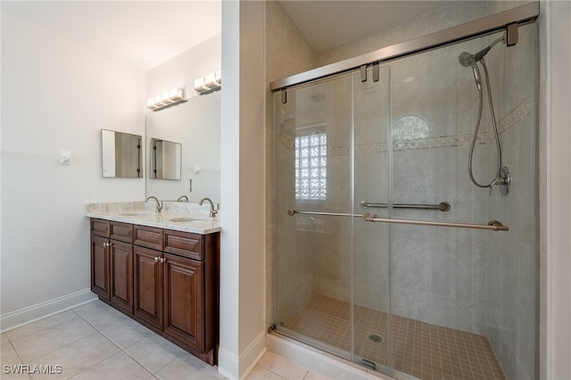 15250 Riverbend Blvd Unit 101, North Fort Myers, FL 33917 - bathroom featuring double vanity, tile patterned flooring, and a shower stall