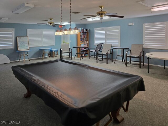 345 Mango St Unit 505, Fort Myers Beach, FL 33931 - playroom featuring carpet, a ceiling fan, and billiards