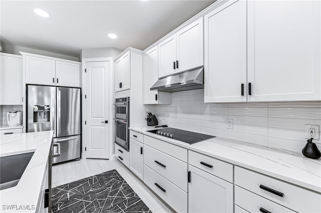 19604 Beechcrest Pl, Estero, FL 33928 - kitchen featuring under cabinet range hood, appliances with stainless steel finishes, white cabinetry, recessed lighting, and tasteful backsplash