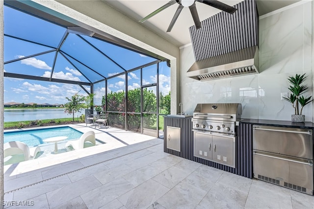 19604 Beechcrest Pl, Estero, FL 33928 - view of patio / terrace featuring an outdoor kitchen, a ceiling fan, a water view, an outdoor pool, and glass enclosure