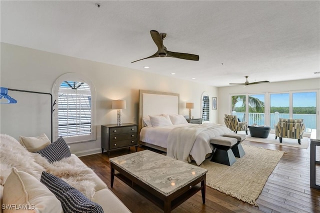 4031 Bayside Rd, Fort Myers Beach, FL 33931 - bedroom featuring access to exterior, dark wood-style flooring, ceiling fan, and recessed lighting