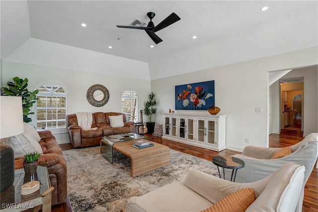 4031 Bayside Rd, Fort Myers Beach, FL 33931 - living room with ceiling fan, wood finished floors, and recessed lighting