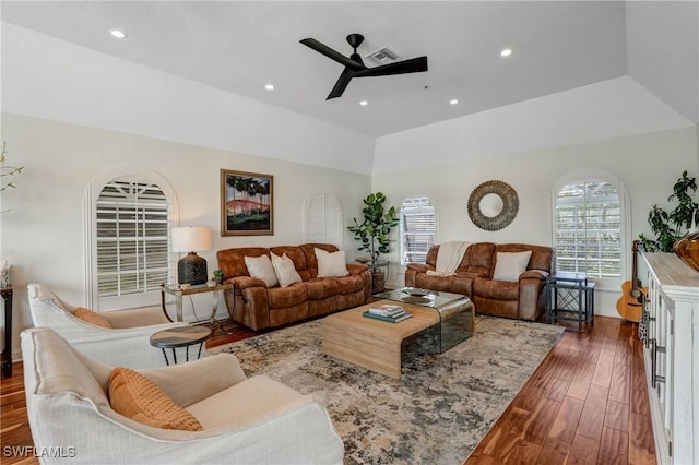 4031 Bayside Rd, Fort Myers Beach, FL 33931 - living room featuring ceiling fan, dark wood-type flooring, and recessed lighting