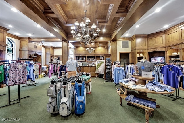 3165 Aviamar Cir Unit 102, Naples, FL 34114 - miscellaneous room with ornamental molding, carpet, wooden ceiling, a chandelier, and recessed lighting