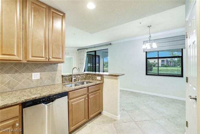 3165 Aviamar Cir Unit 102, Naples, FL 34114 - kitchen featuring dishwasher, backsplash, light stone countertops, light tile patterned floors, and ornamental molding