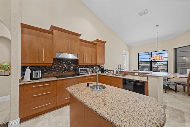 4007 Surfside Blvd, Cape Coral, FL 33914 - kitchen featuring black appliances, under cabinet range hood, decorative backsplash, a peninsula, and high vaulted ceiling