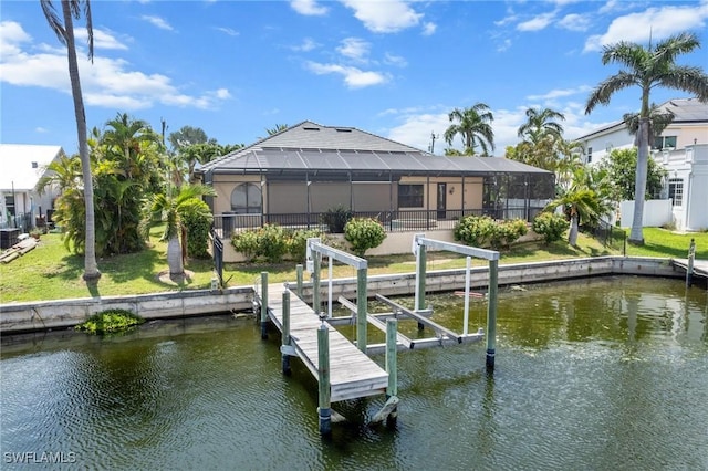 4007 Surfside Blvd, Cape Coral, FL 33914 - dock featuring a water view, boat lift, and a lanai