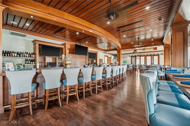 13090 Amberley Ct Unit 1103, Bonita Springs, FL 34135 - community bar area featuring wood ceiling, a ceiling fan, and wood finished floors