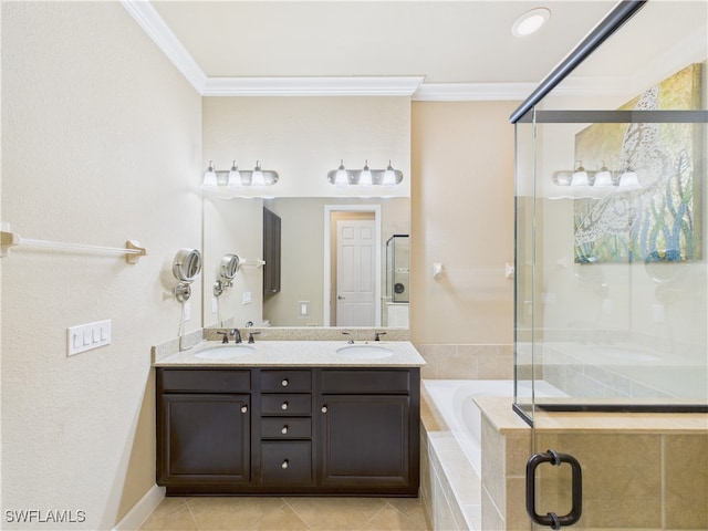 11217 Suffield St, Fort Myers, FL 33913 - bathroom with crown molding, a bath, double vanity, a shower stall, and tile patterned flooring