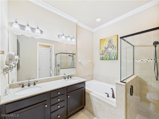 11217 Suffield St, Fort Myers, FL 33913 - bathroom featuring a bath, a stall shower, double vanity, and crown molding