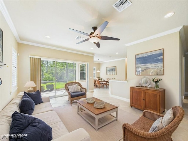 11217 Suffield St, Fort Myers, FL 33913 - living room with light tile patterned flooring, a ceiling fan, crown molding, and recessed lighting