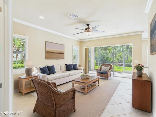 11217 Suffield St, Fort Myers, FL 33913 - living room with light tile patterned floors, plenty of natural light, a ceiling fan, ornamental molding, and recessed lighting