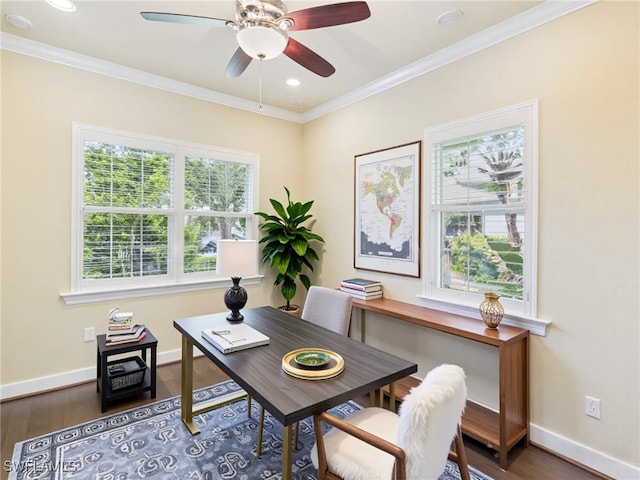 11217 Suffield St, Fort Myers, FL 33913 - office area with healthy amount of natural light, ceiling fan, crown molding, wood finished floors, and recessed lighting