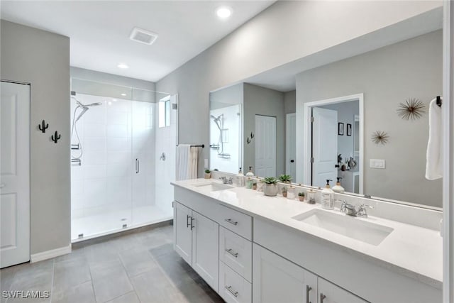 43837 Cattleman Dr, Punta Gorda, FL 33982 - full bath with a stall shower, double vanity, tile patterned floors, and recessed lighting