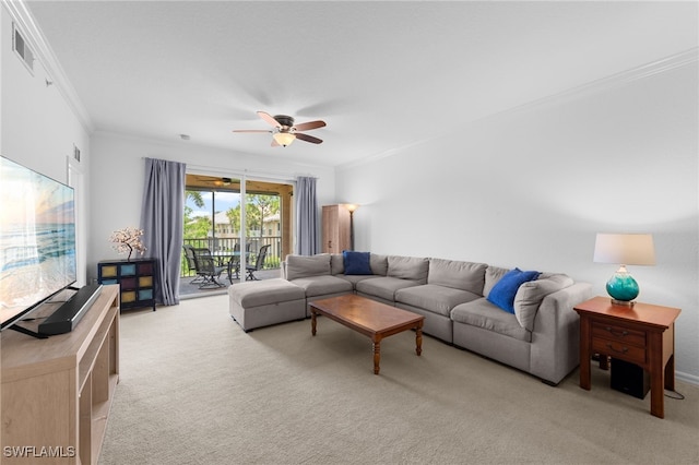 8550 Kingbird Loop Unit 629, Estero, FL 33967 - living area with light colored carpet, crown molding, and ceiling fan