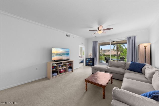 8550 Kingbird Loop Unit 629, Estero, FL 33967 - carpeted living room featuring crown molding and a ceiling fan