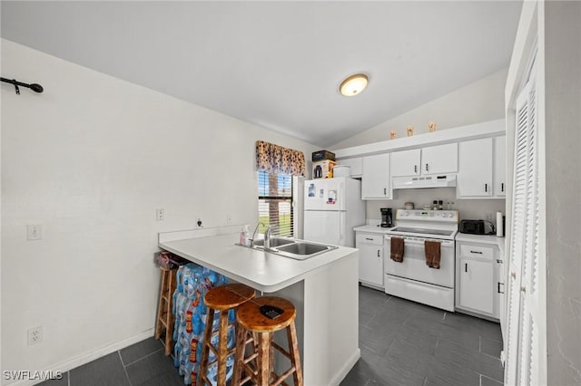 1720 NW 14th Pl, Cape Coral, FL 33993 - kitchen featuring white appliances, under cabinet range hood, lofted ceiling, white cabinetry, and a kitchen bar