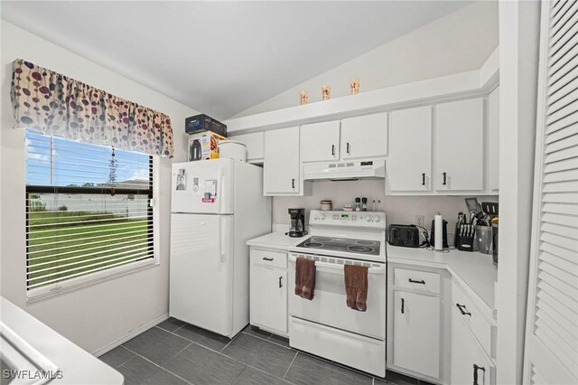 1720 NW 14th Pl, Cape Coral, FL 33993 - kitchen featuring white appliances, under cabinet range hood, vaulted ceiling, white cabinets, and light countertops
