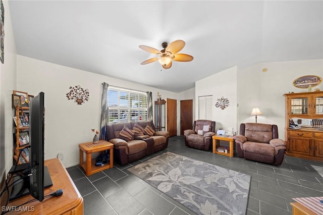 1720 NW 14th Pl, Cape Coral, FL 33993 - living area with vaulted ceiling, ceiling fan, and dark tile patterned floors
