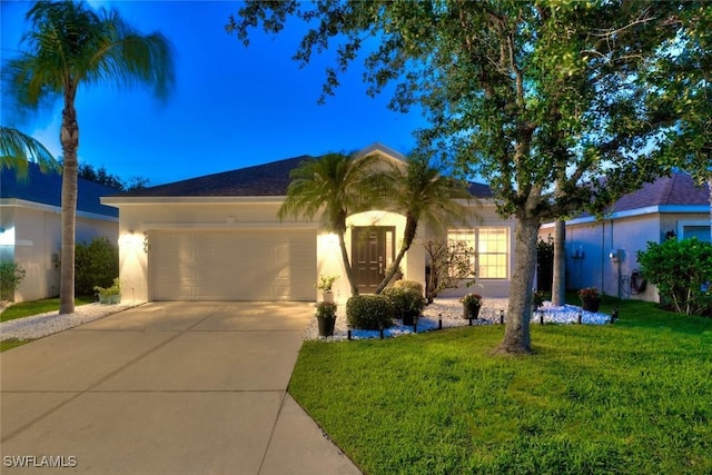 9795 Gladiolus Bulb Loop, Fort Myers, FL 33908 - ranch-style house featuring stucco siding, a garage, a front lawn, and concrete driveway