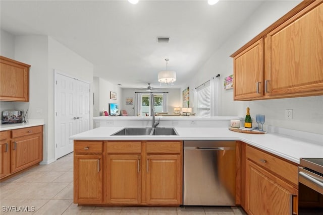 9795 Gladiolus Bulb Loop, Fort Myers, FL 33908 - kitchen featuring stainless steel dishwasher, a peninsula, light countertops, light tile patterned flooring, and recessed lighting