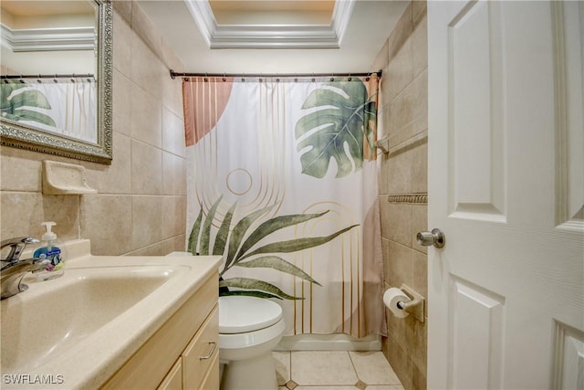 225 SW 43rd Ln, Cape Coral, FL 33914 - bathroom featuring tile walls, ornamental molding, tile patterned floors, vanity, and a shower with curtain