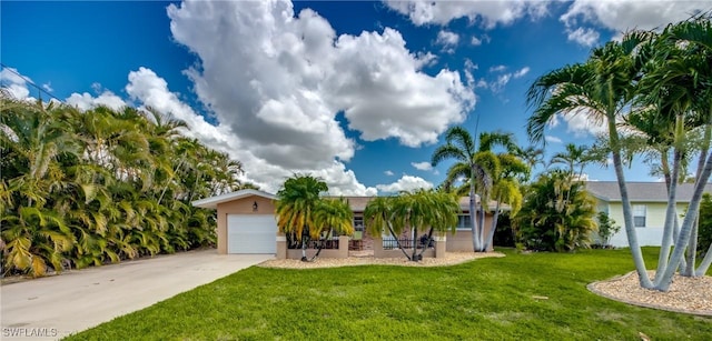 225 SW 43rd Ln, Cape Coral, FL 33914 - obstructed view of property with a front yard, stucco siding, concrete driveway, and a garage