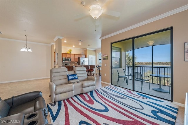 18011 Bonita National Blvd Unit 945, Bonita Springs, FL 34135 - living area with a chandelier, crown molding, a ceiling fan, and a water view