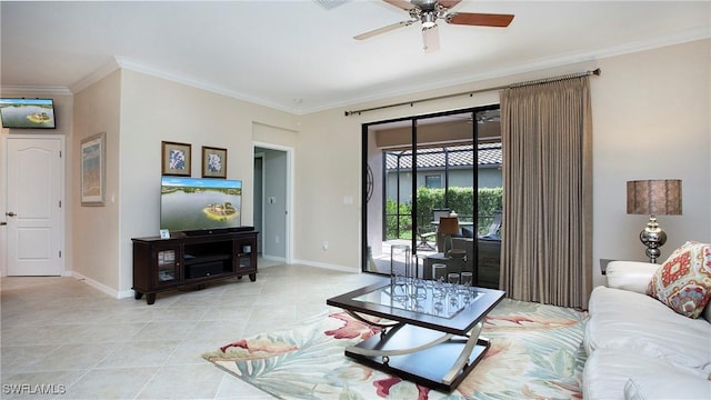 3668 Treasure Cove Ct, Naples, FL 34114 - living area with crown molding, light tile patterned flooring, and a ceiling fan
