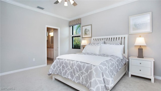 3668 Treasure Cove Ct, Naples, FL 34114 - bedroom with light colored carpet, crown molding, ensuite bath, and a ceiling fan