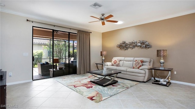 3668 Treasure Cove Ct, Naples, FL 34114 - tiled living room featuring ceiling fan and ornamental molding