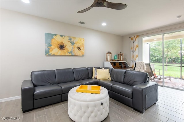 14727 Edgewater Cir, Naples, FL 34114 - living room with recessed lighting, ceiling fan, and wood tiled floors
