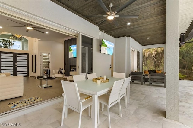 364 Logan Blvd S, Naples, FL 34119 - dining room with ceiling fan, wooden ceiling, light marble finish flooring, and recessed lighting